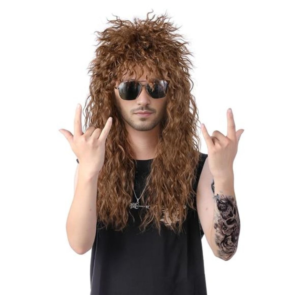 Rock Star costume Wig - brown mullet. Clean, unused w/ sunglasses & necklace.